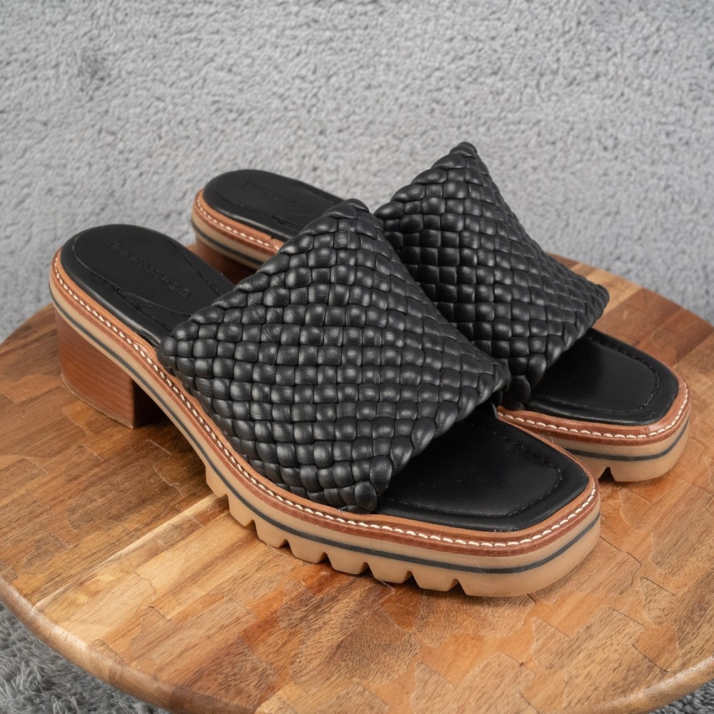 Bernardo Womens Sylvie Black Woven Slide Sandals Leather Chunky Platform Sz 9.5